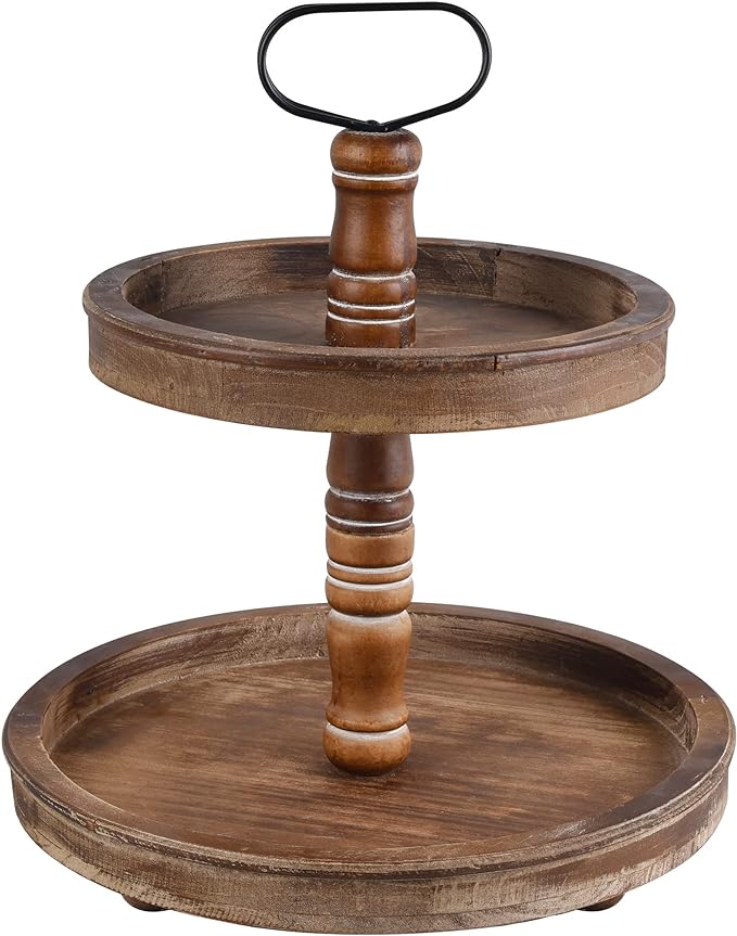 Rustic Brown Wood Two-Tier Tray with Metal Handle