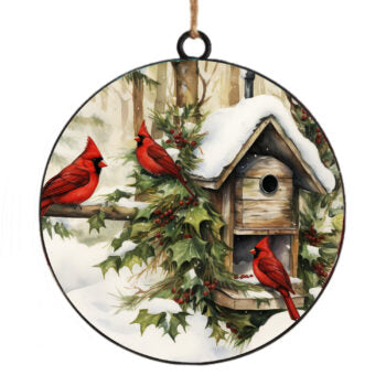 Cardinal & Birdhouse Metal Disc Ornament