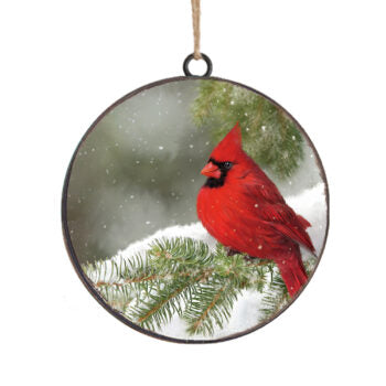 Cardinal on Evergreen Metal Disc Ornament