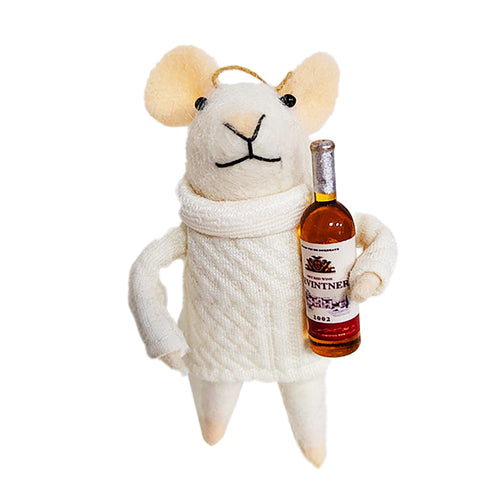 Mouse in Ivory Sweater with Wine Bottle