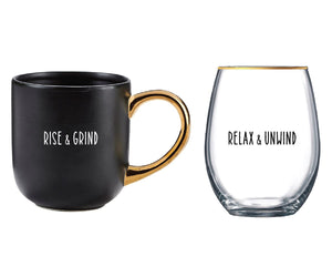 Black Mug & Stemless Wine Glass Set